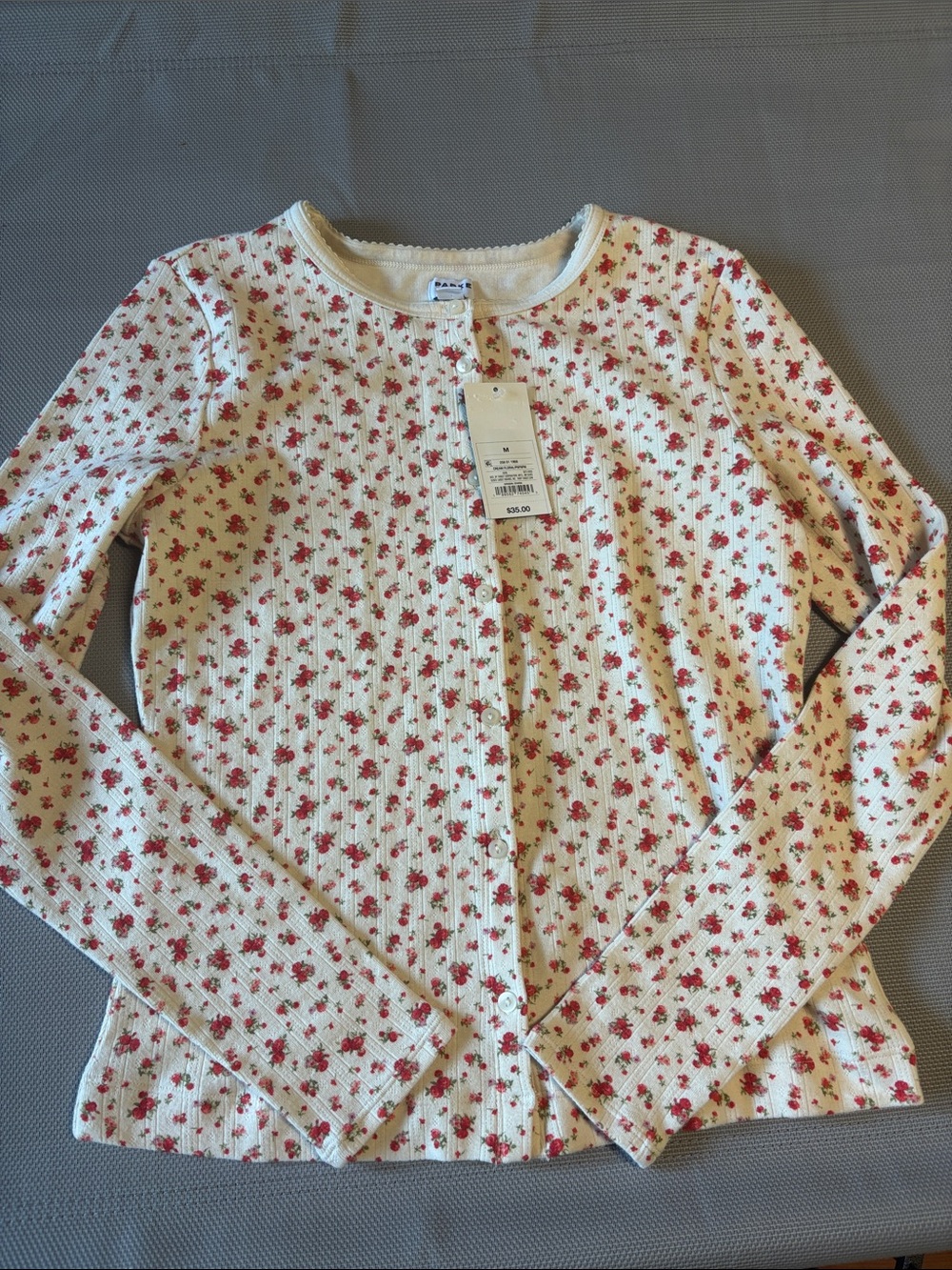Parke for target Floral Ribbed button Cardigan - Cream with Red Floral sz M NWT